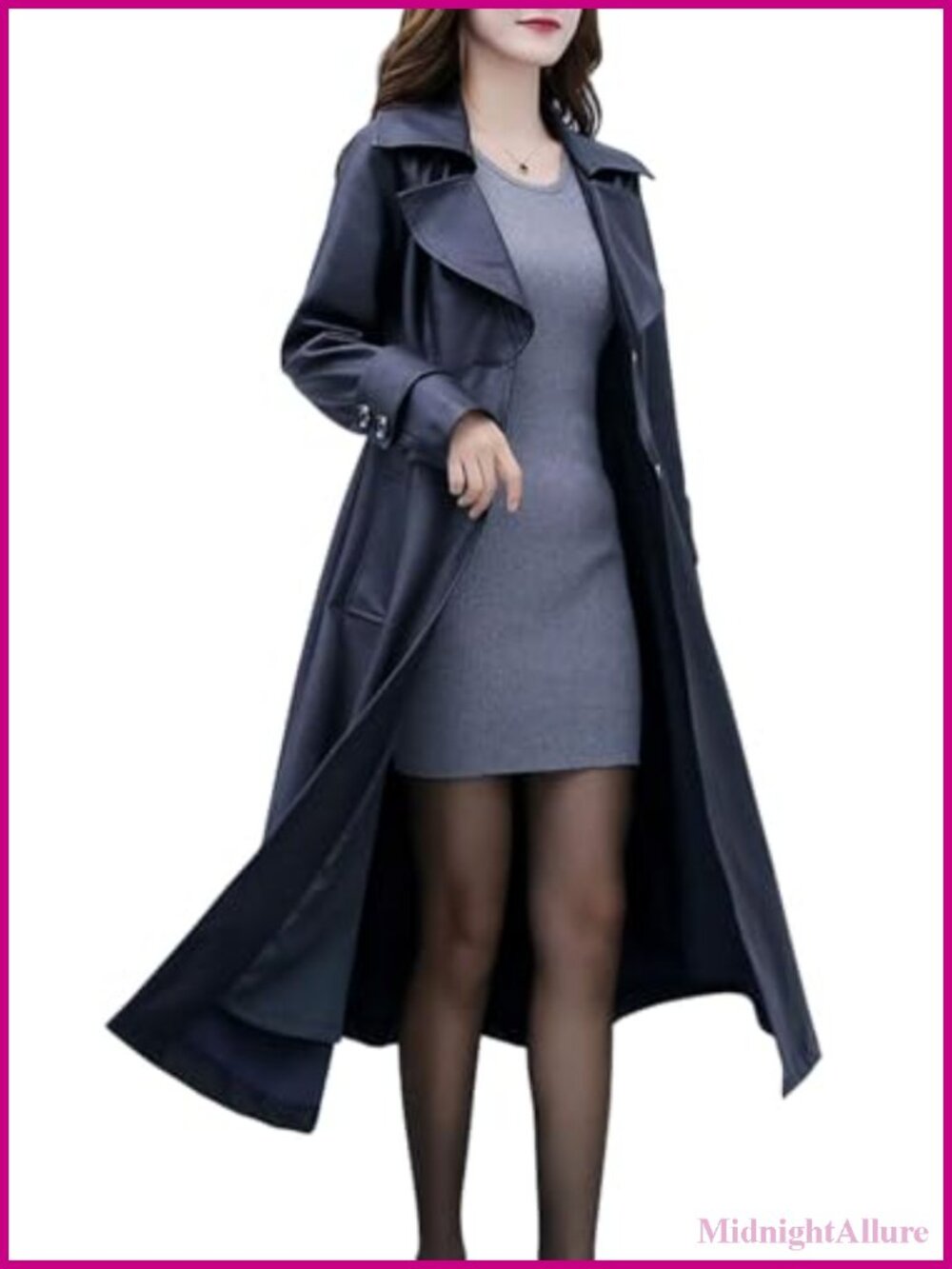 Elegant Faux Leather Long Trench Coat Notch Lapel Button Closure